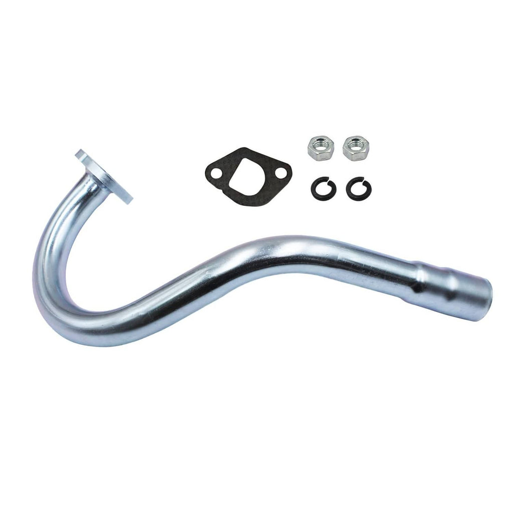 Bent exhaust header pipe with inlet and flange, plus gasket and hardware set