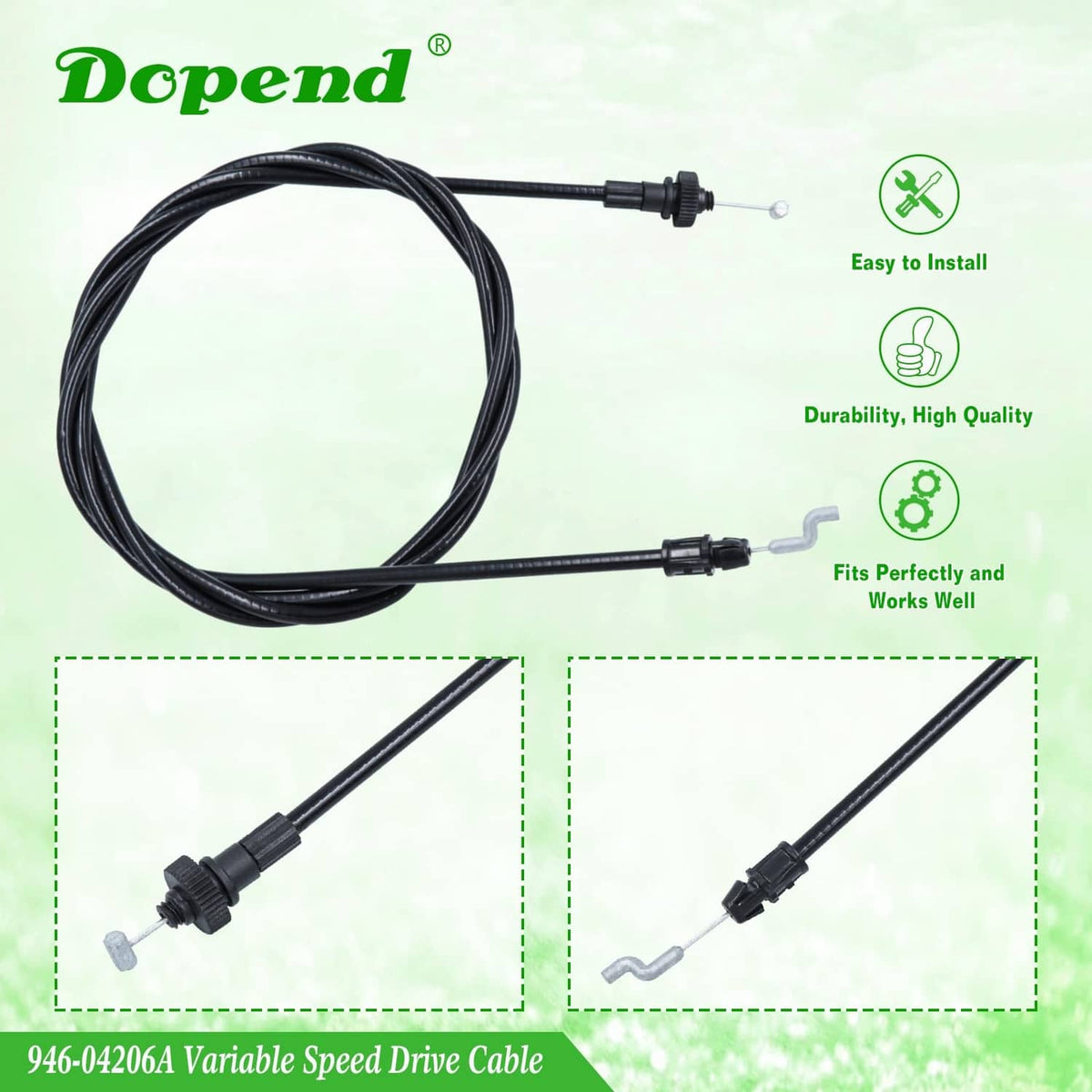 Black variable speed drive cable with connector ends, shown with close-up details