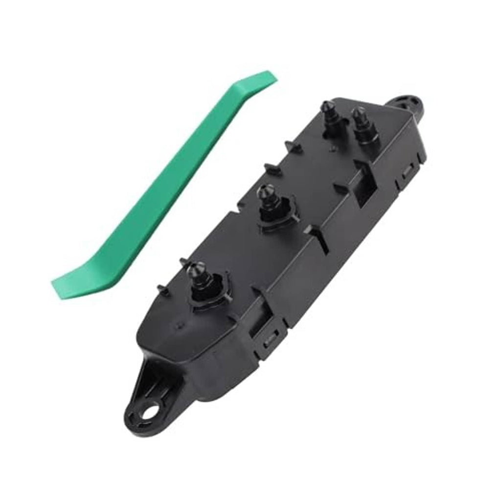 Front driver-side power seat control switch, black plastic with green mounting tab