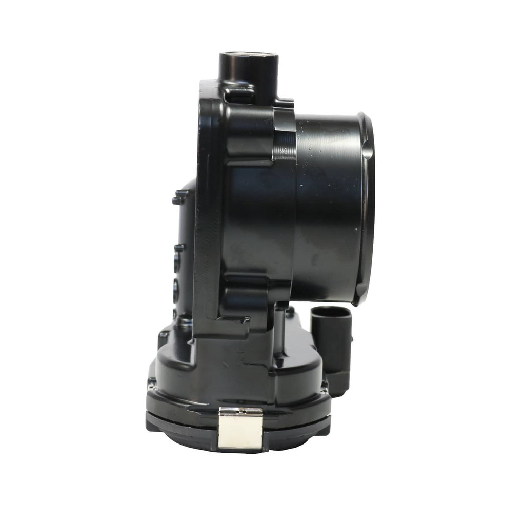 Throttle body with black intake port and cylindrical housing, side view