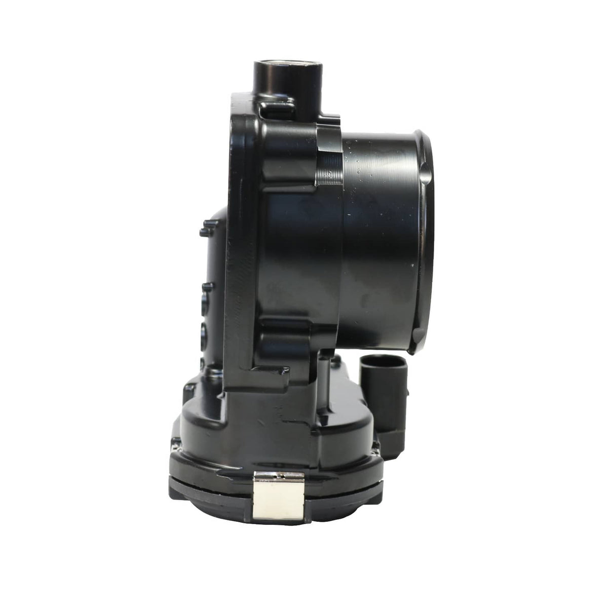 Throttle body with black intake port and cylindrical housing, side view