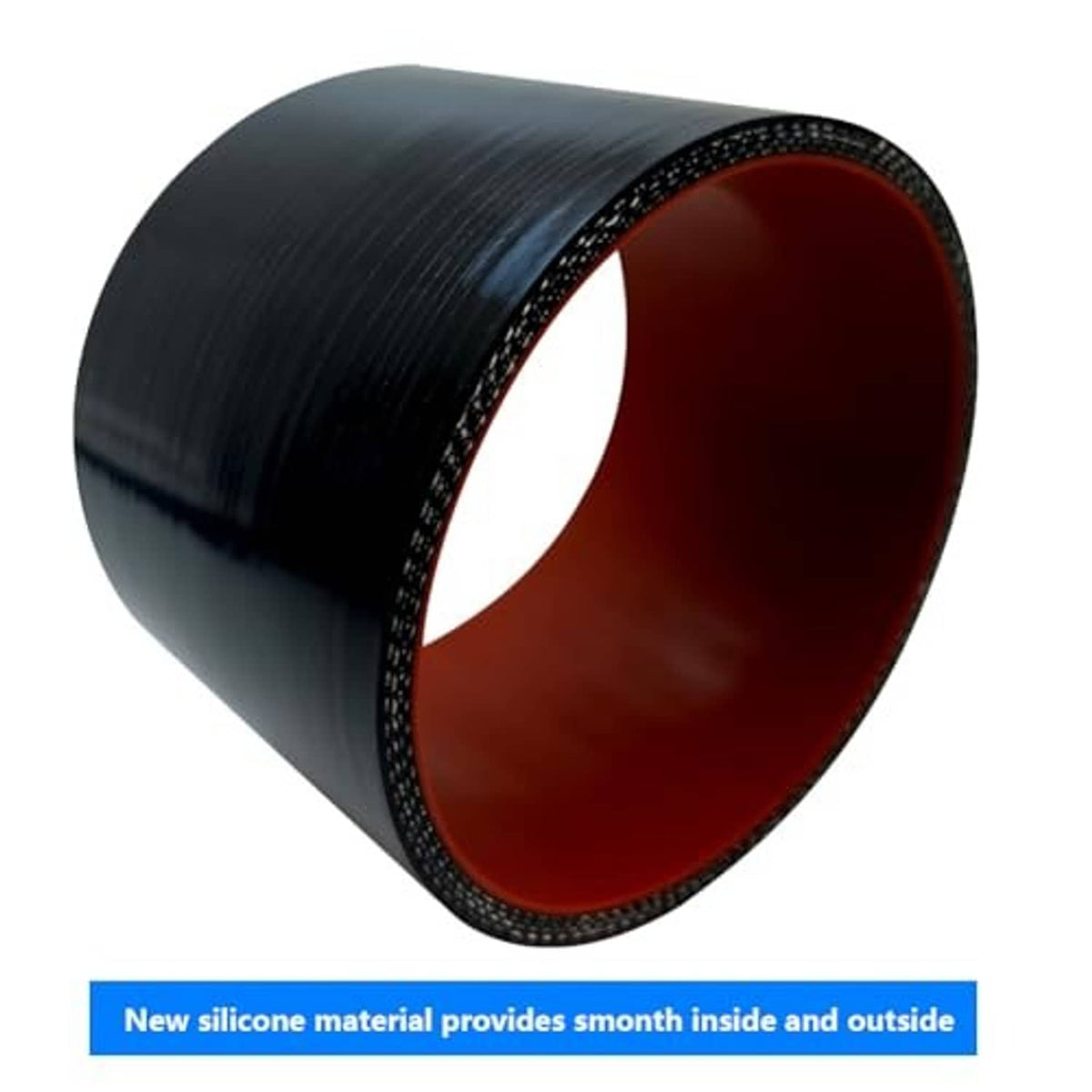 Black silicone hose coupler with red inner bore, angled view showing smooth lining