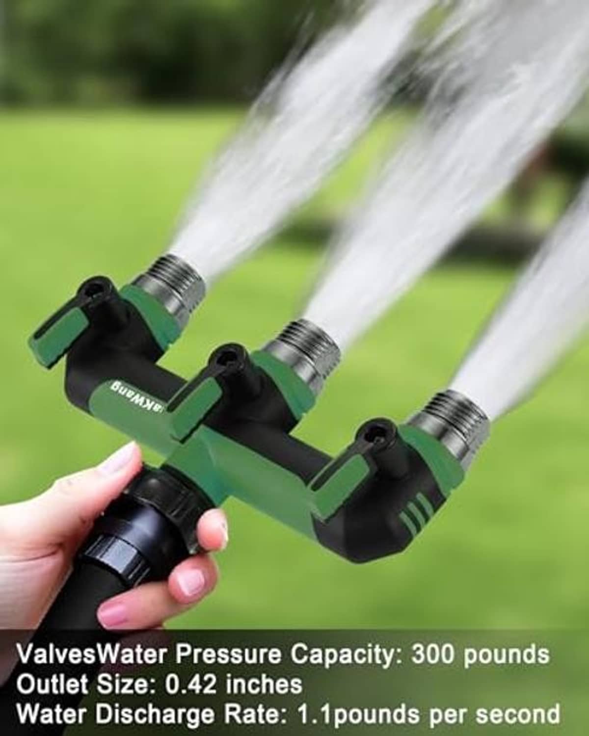 Hand-held 3-way hose splitter producing three water streams from green outlets