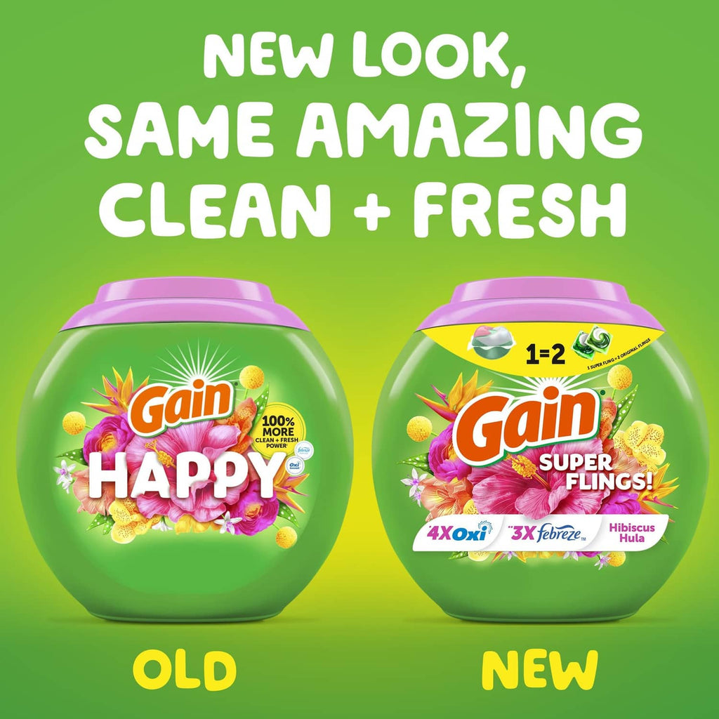 Gain Happy detergent tubs shown as old vs new clean and fresh