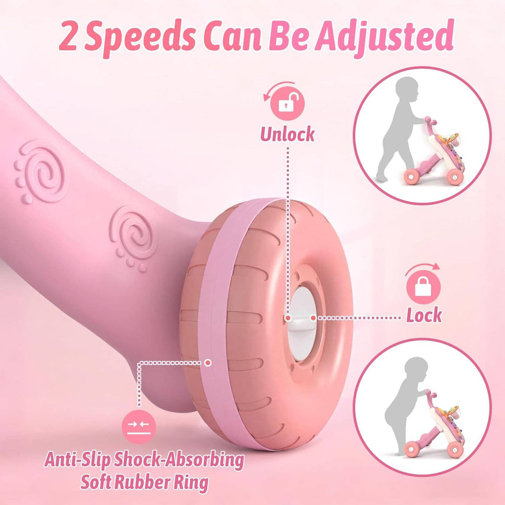 Pink baby walker wheel with soft shock-absorbing anti-slip ring and adjustable speed feature