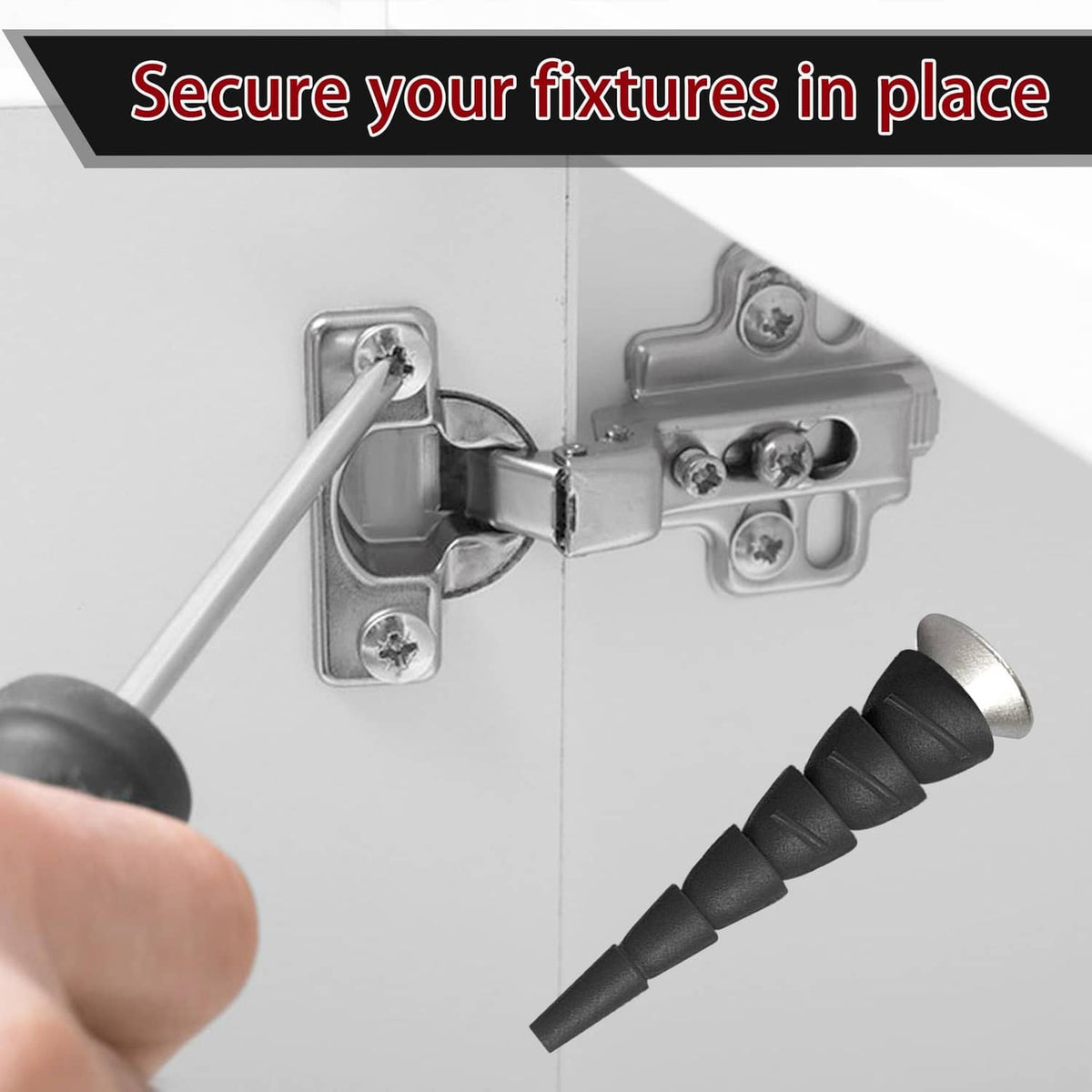 Black wood anchor repair plug with screw, held near a metal bracket