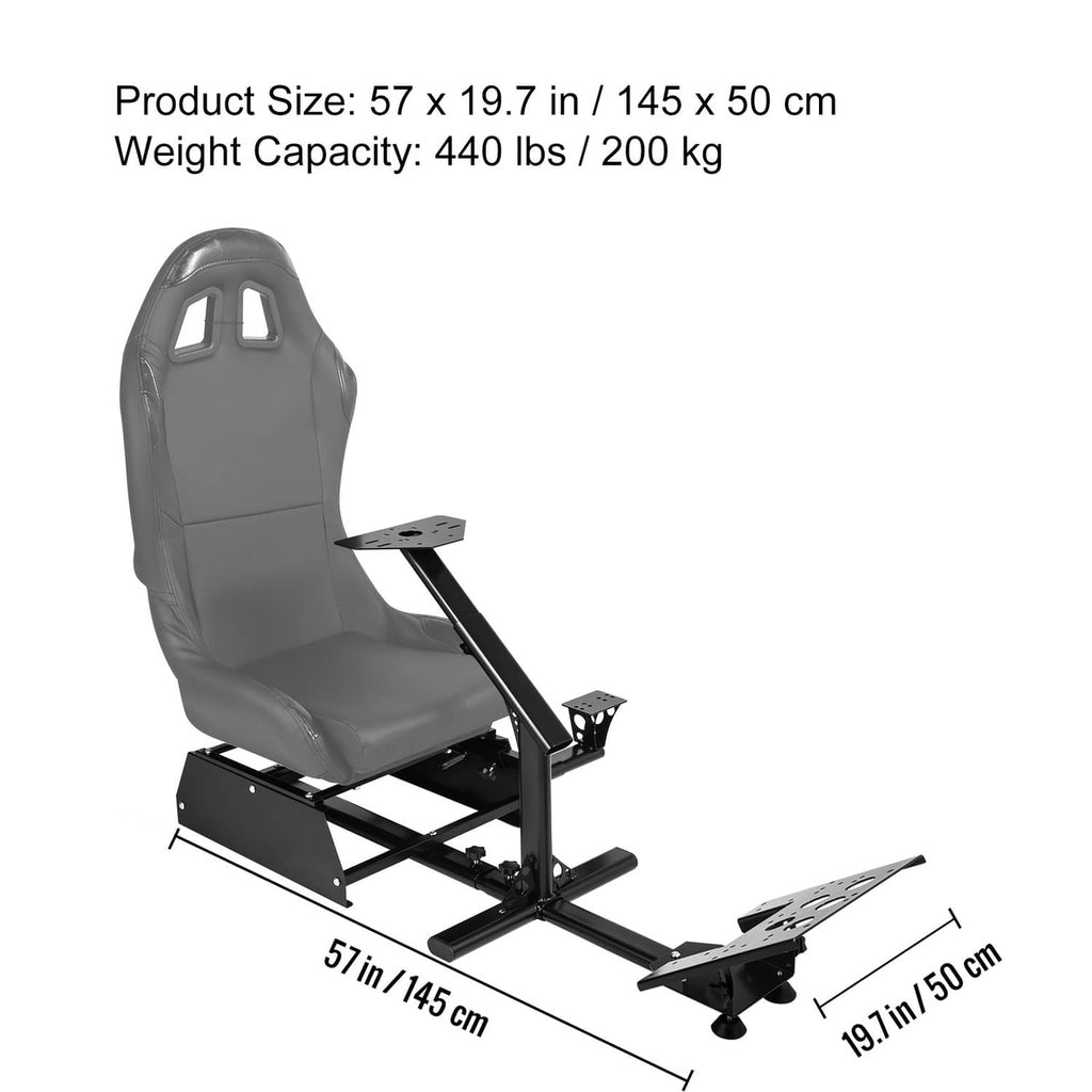 Racing simulator wheel stand with gray seat, pedal base, and dimensions layout on white