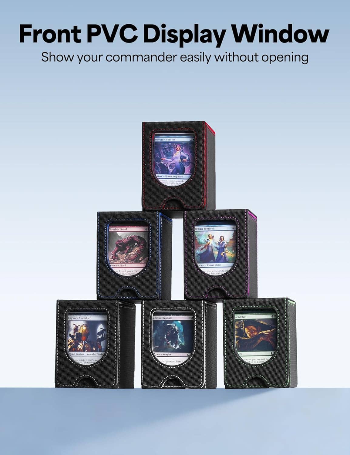 Stack of black card deck boxes with front card display windows and U-shaped covers