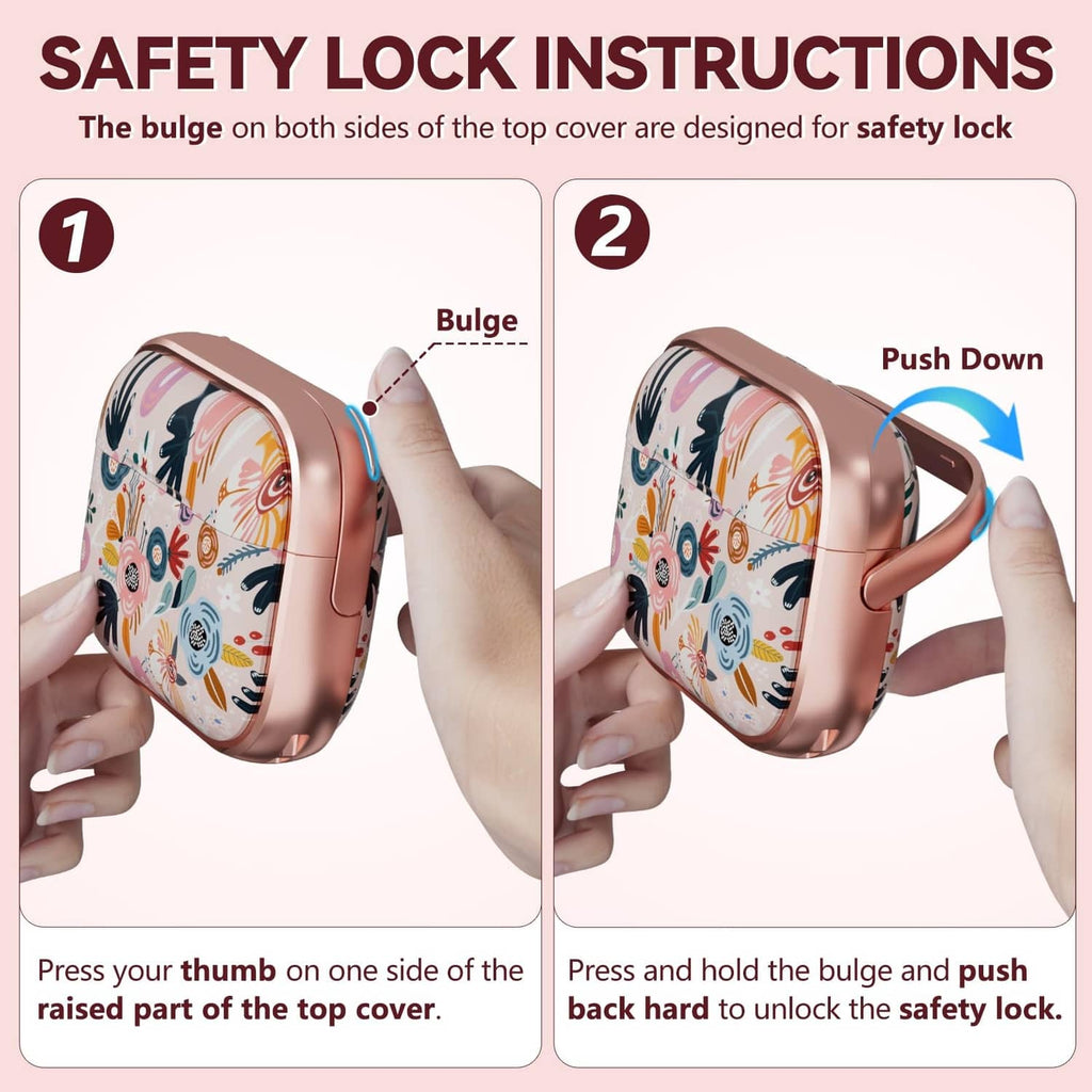Inesore AirPods case with safety-lock cover, pink floral design and rose-gold edge