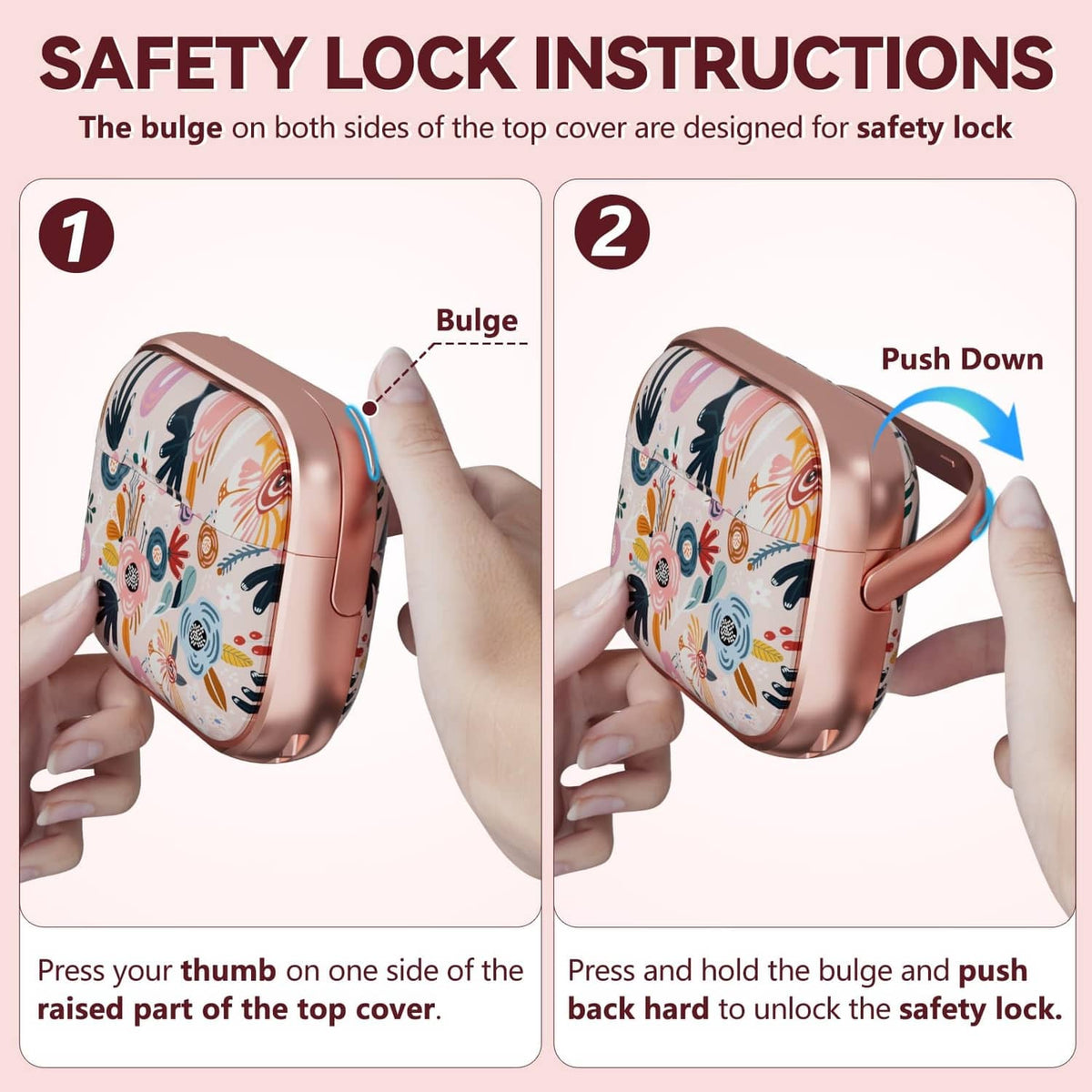 Inesore AirPods case with safety-lock cover, pink floral design and rose-gold edge