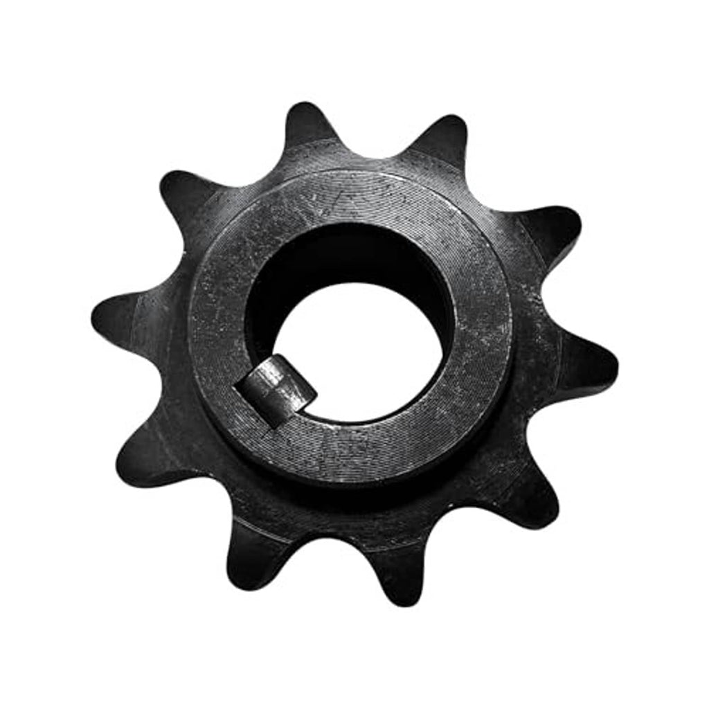 Front view 10-tooth chain front sprocket, dark steel, central bore with keyway notch