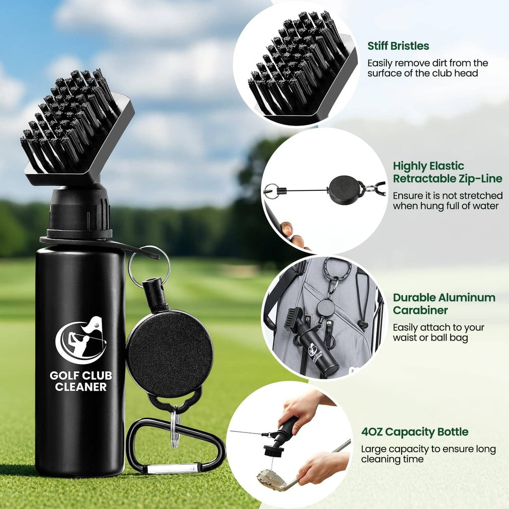 Golf club brush cleaner set with retractable zip-line, sponge pad, and three brush heads