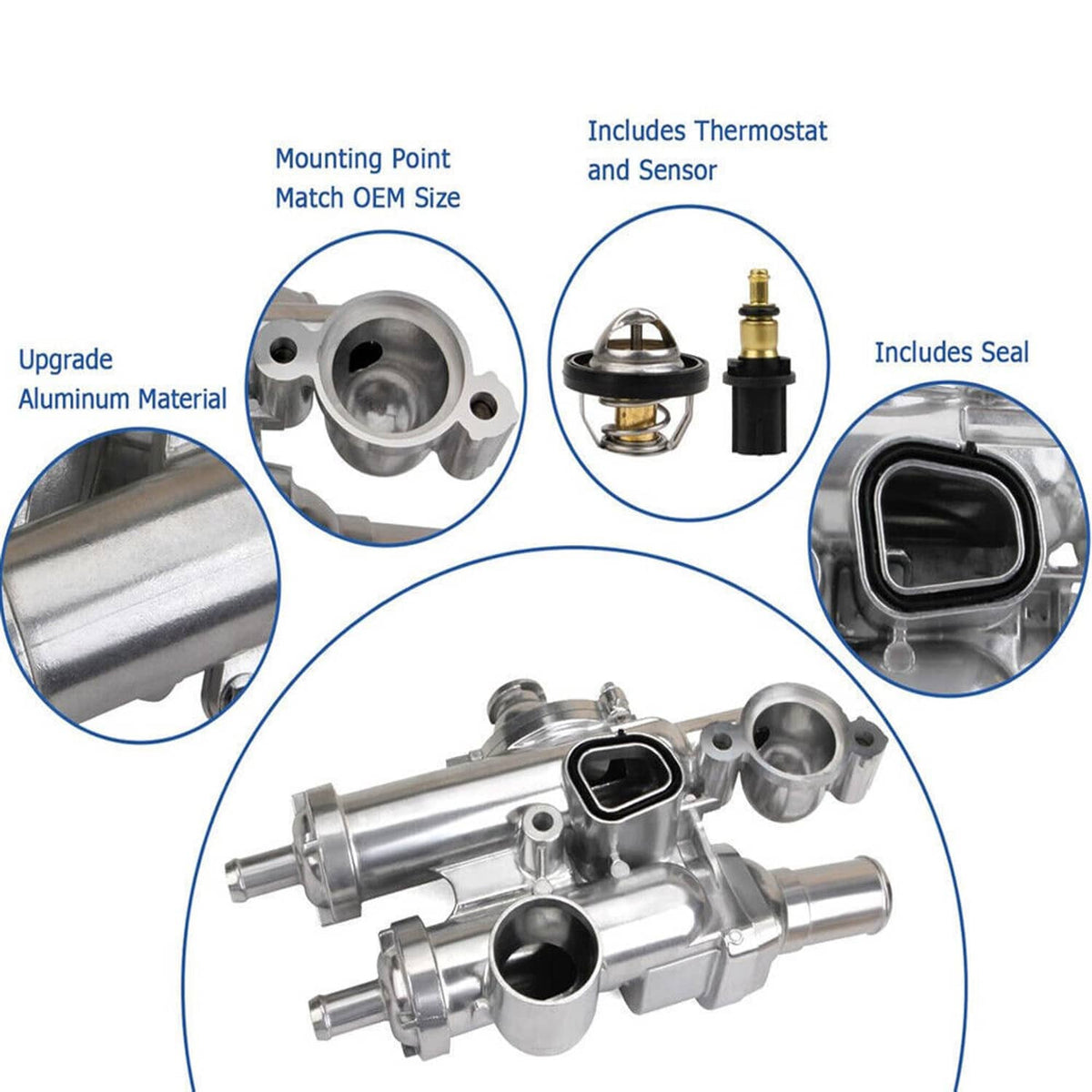Aluminum thermostat housing assembly with included thermostat and sensor parts