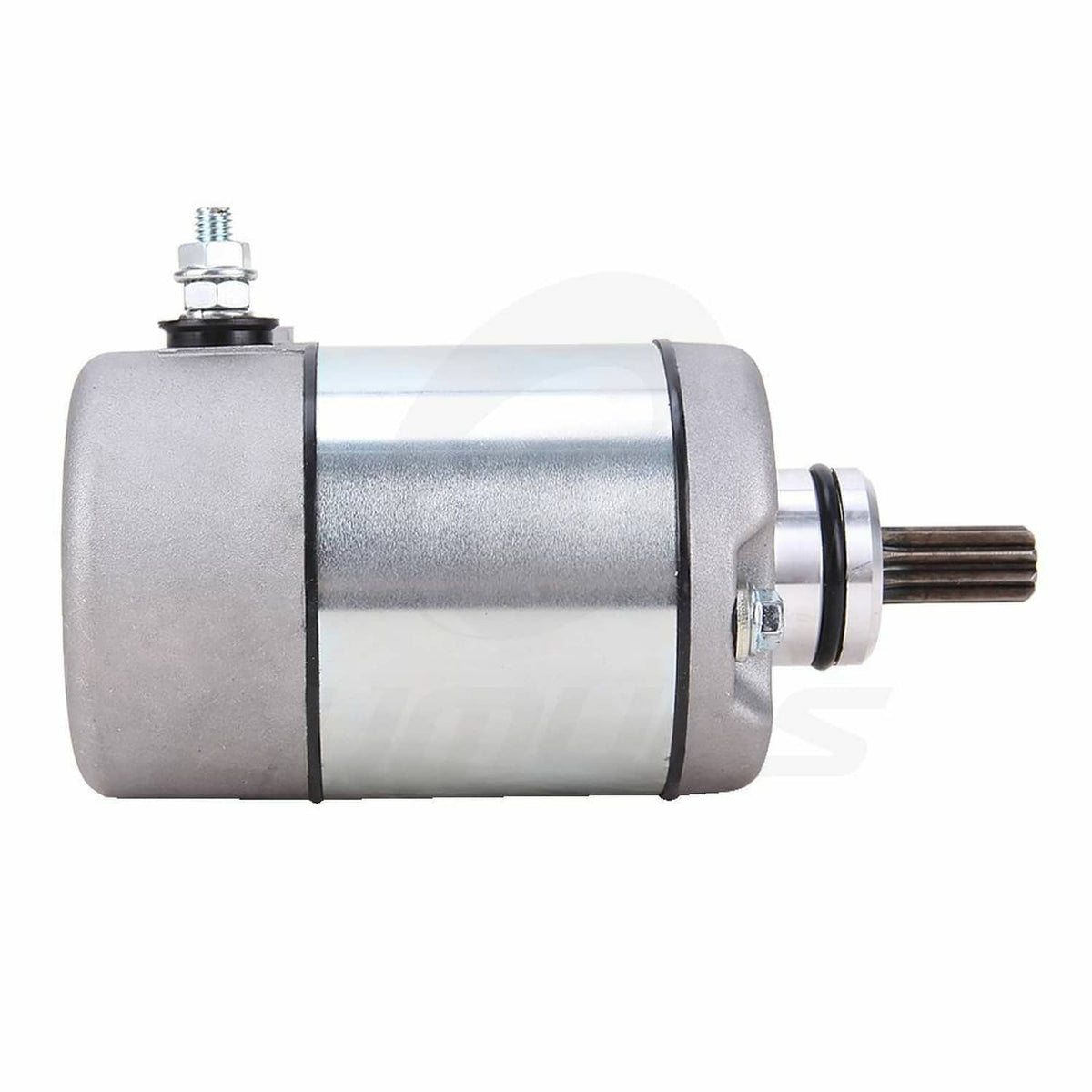 Starter motor angled view with pinion shaft, bolts, and metal lead post