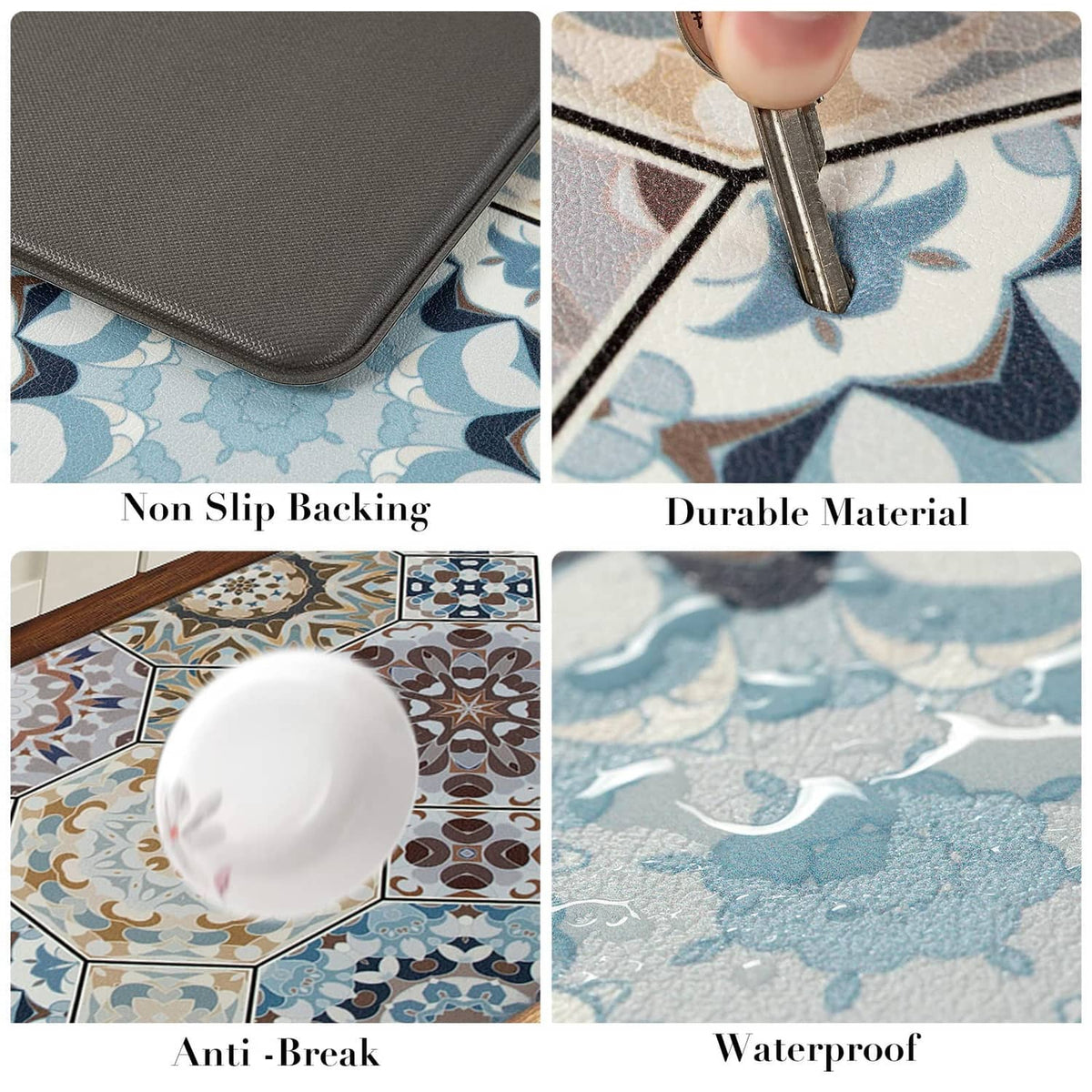 Multi-color tile-pattern kitchen rug detail showing non-slip backing