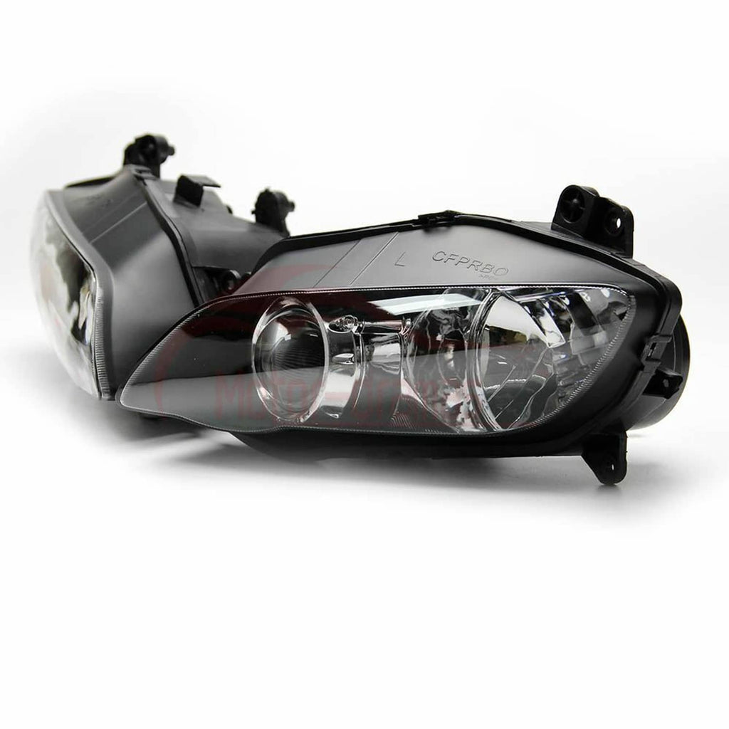 Front headlight assembly with upper stay bracket, single black housing with clear lens and mount