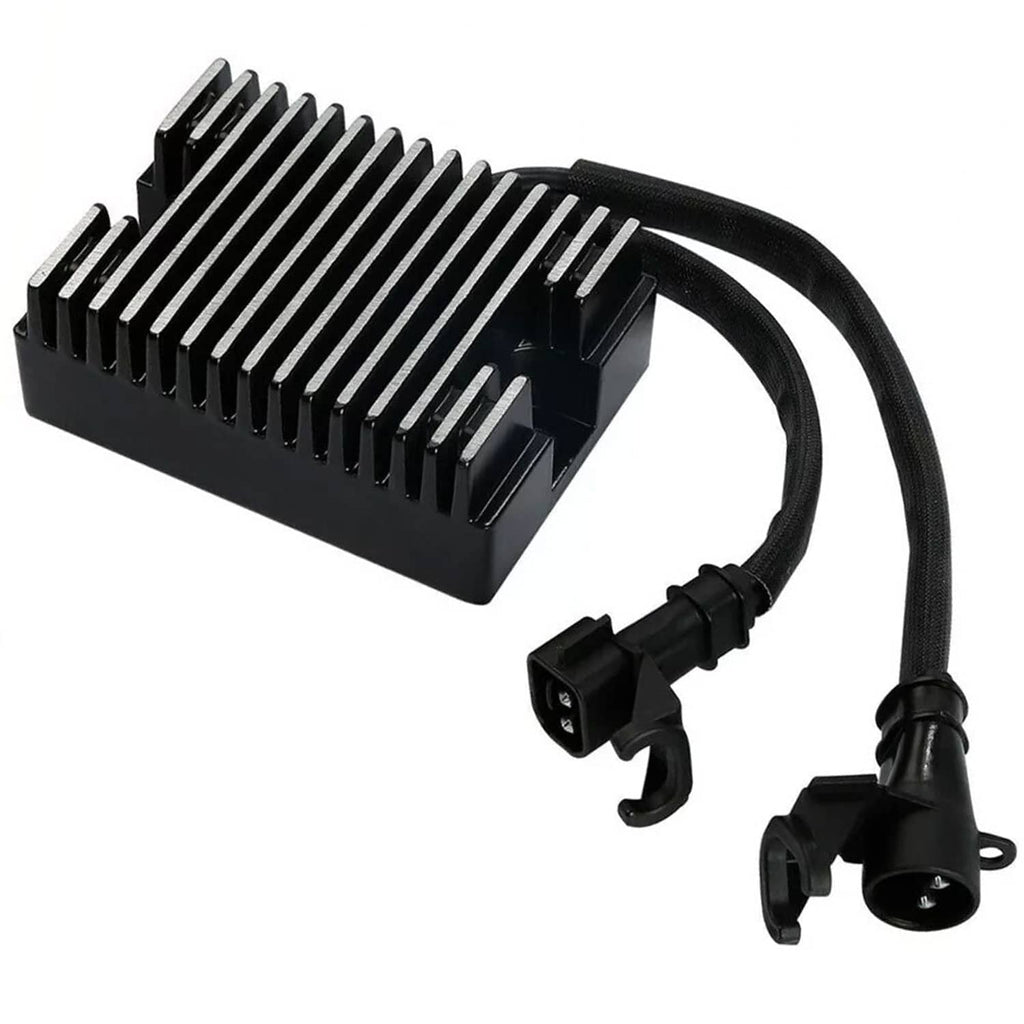 Black finned rectifier with wiring harness and two electrical plug connectors