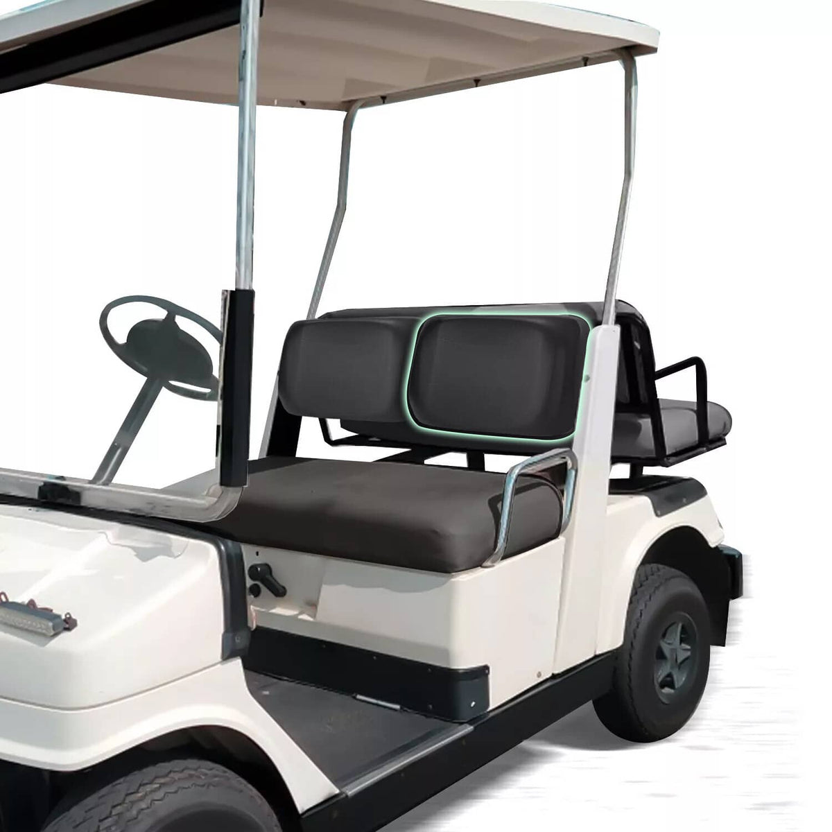 Black seat back cushion mounted on a golf cart seat back