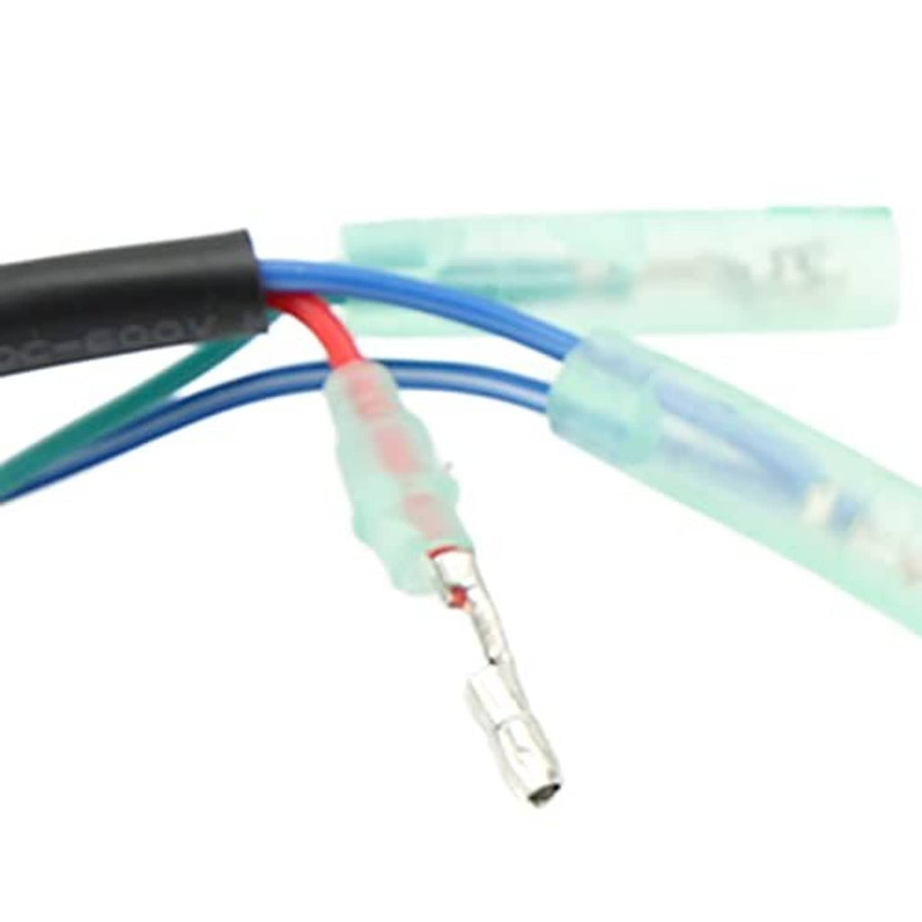 Close-up of color-coded wires, terminals, and inline connector for trim switch