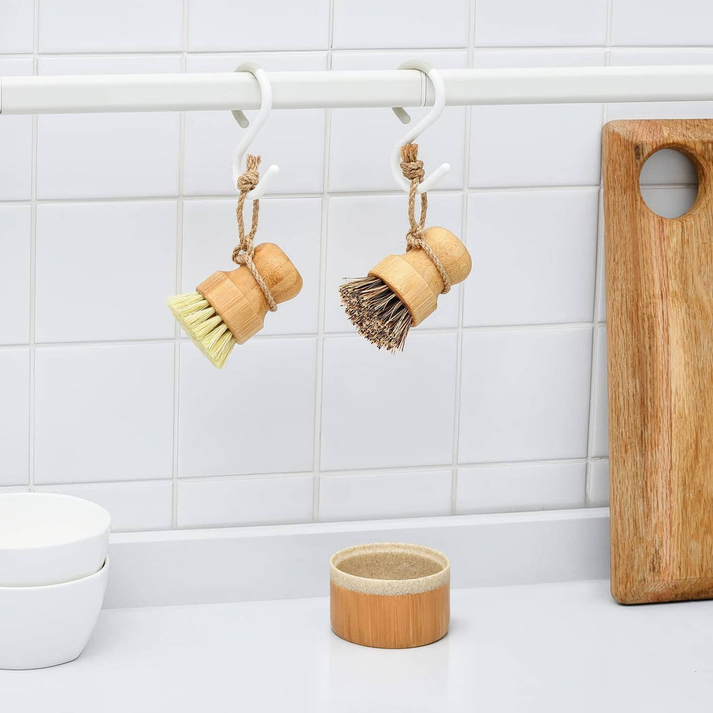 Wall-mounted bamboo dish brush set with two hanging brushes and round soap holder