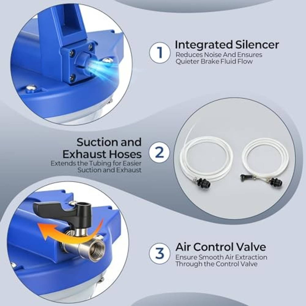 Vacuum brake bleeder kit components: suction hoses and air control valve