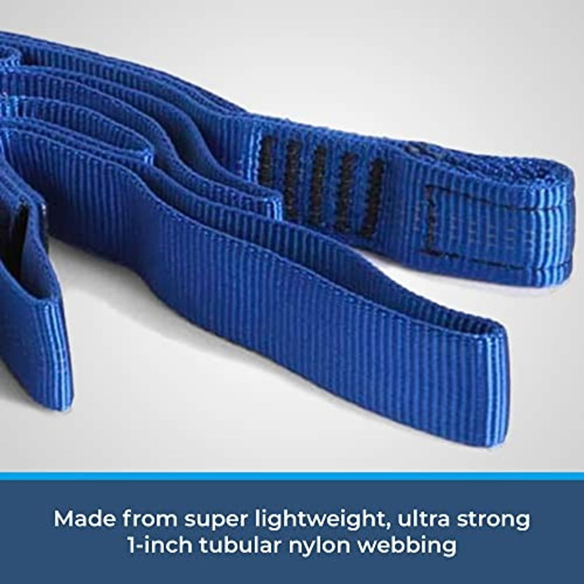 Close-up of blue tubular webbing aider ladder with reinforced step loops