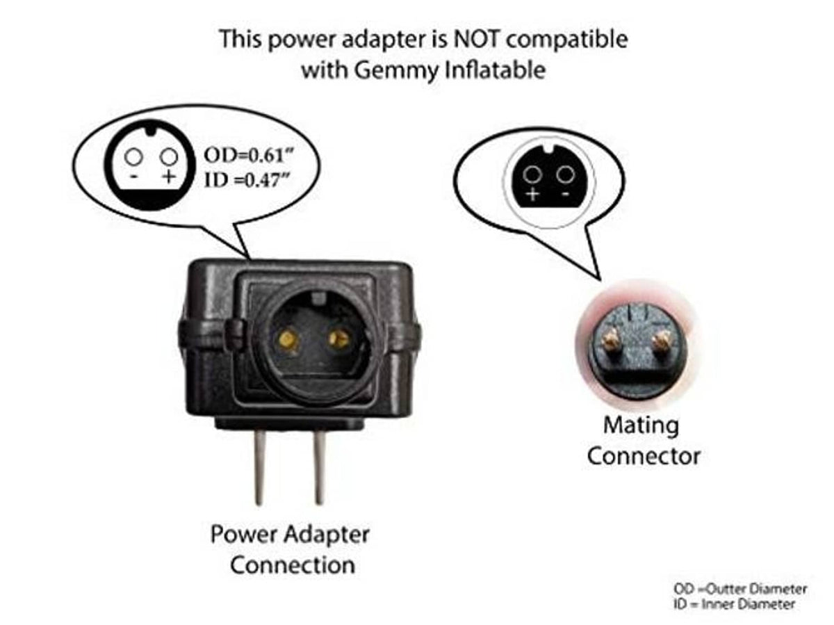 Power adapter connection with round two-pin output socket and mating connector detail