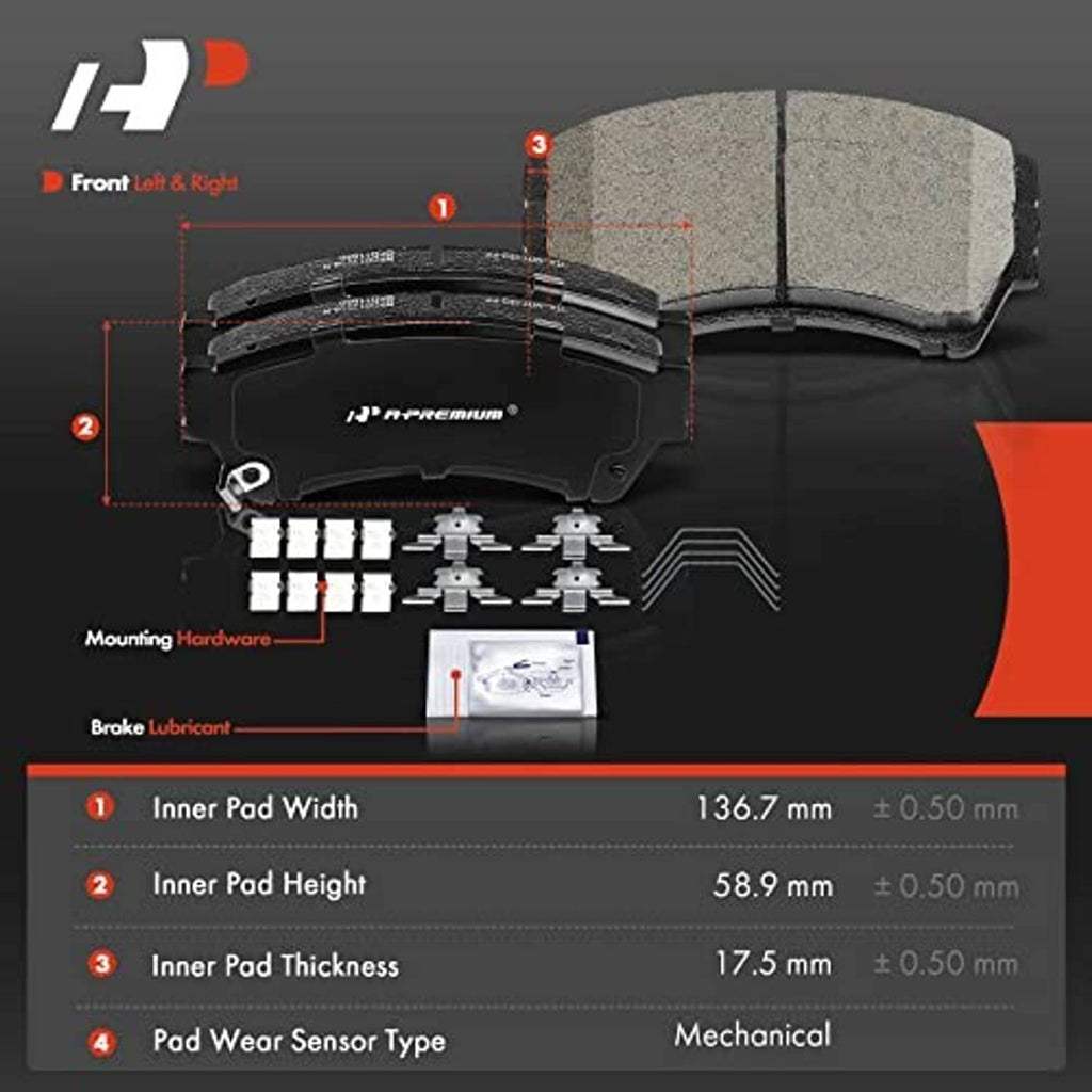 Front brake pads and hardware kit shown with inner pad dimensions diagram