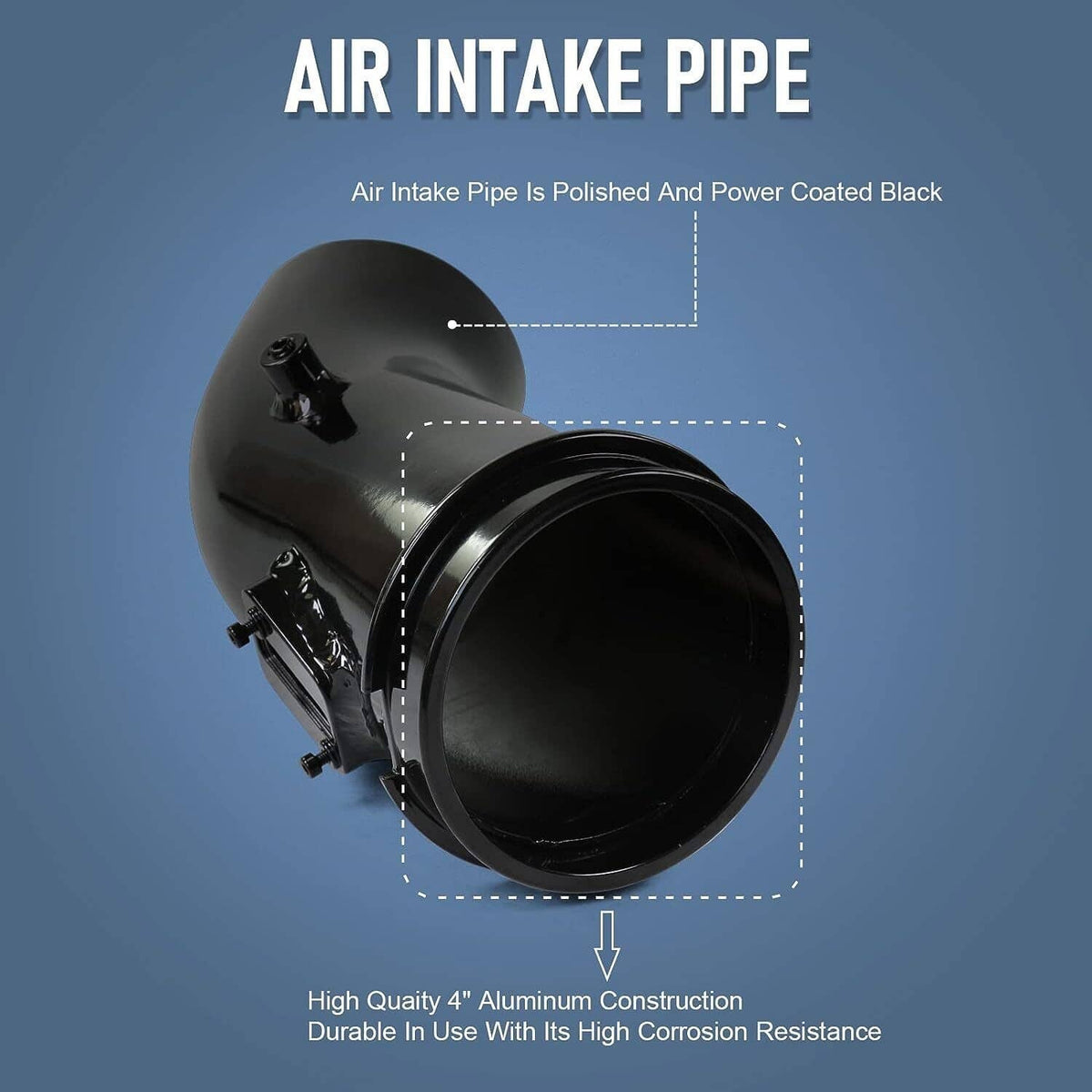 Black air intake pipe with blue pleated cone filter and mounting bracket
