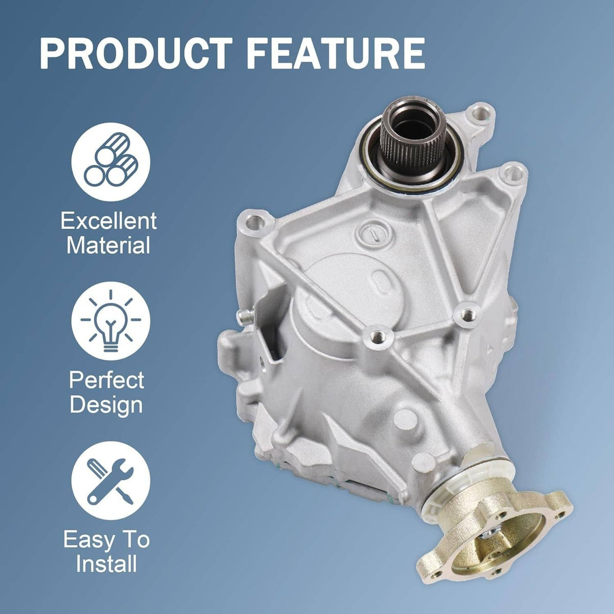 Silver transfer case assembly with black splined output shaft opening