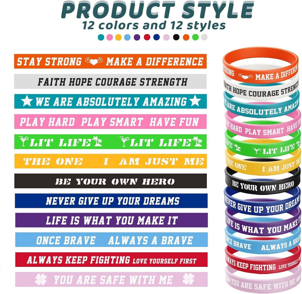 Twelve-color inspirational quote silicone bracelets display, including orange, pink, purple and white