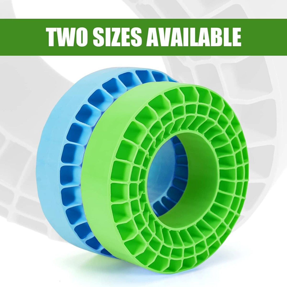 Green and blue silicone rubber tire inserts in two sizes, honeycomb tread
