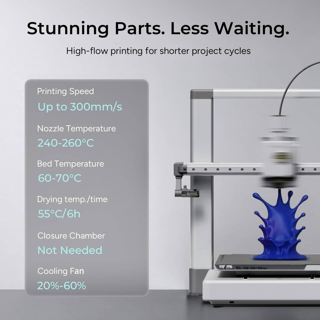3D printer printing a dark blue part with a settings info panel