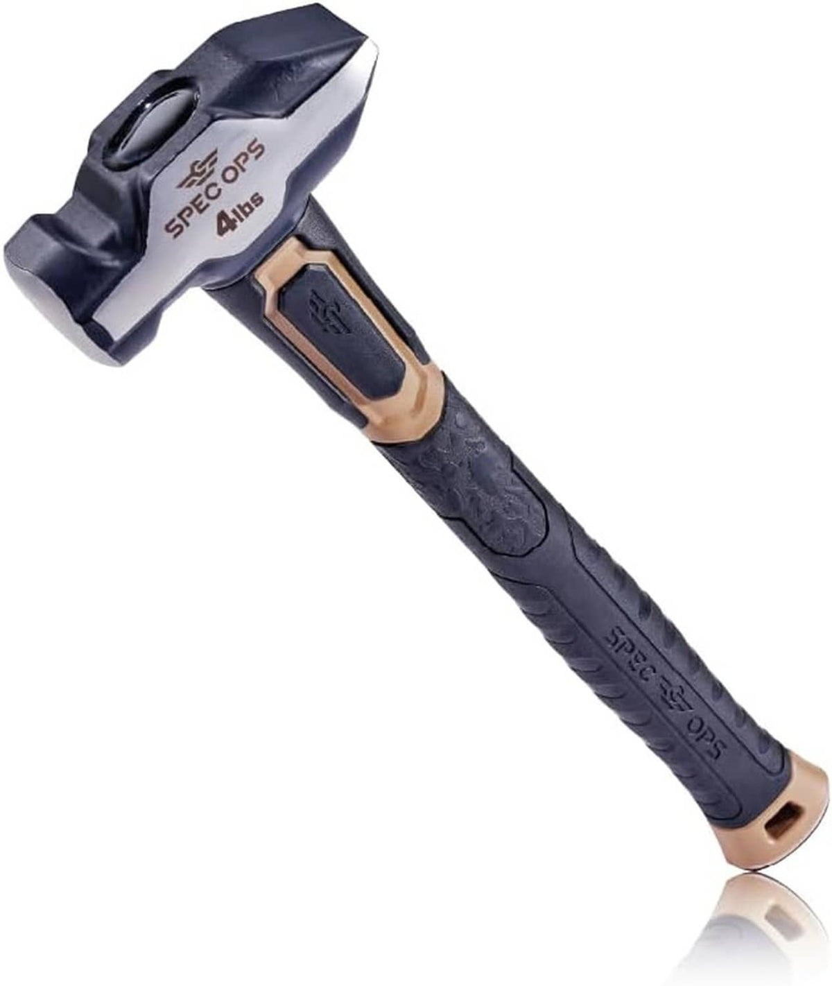 Blacksmith hammer with dark metal striking head and bi-material handle, copper accent