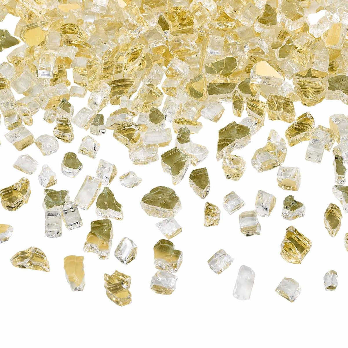 Scattered gold and clear 1/2-inch fire pit glass rocks, loose pieces