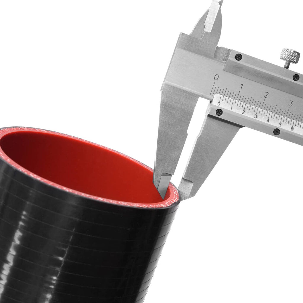 Black 90-degree silicone hose elbow with red inner lining, measured by caliper