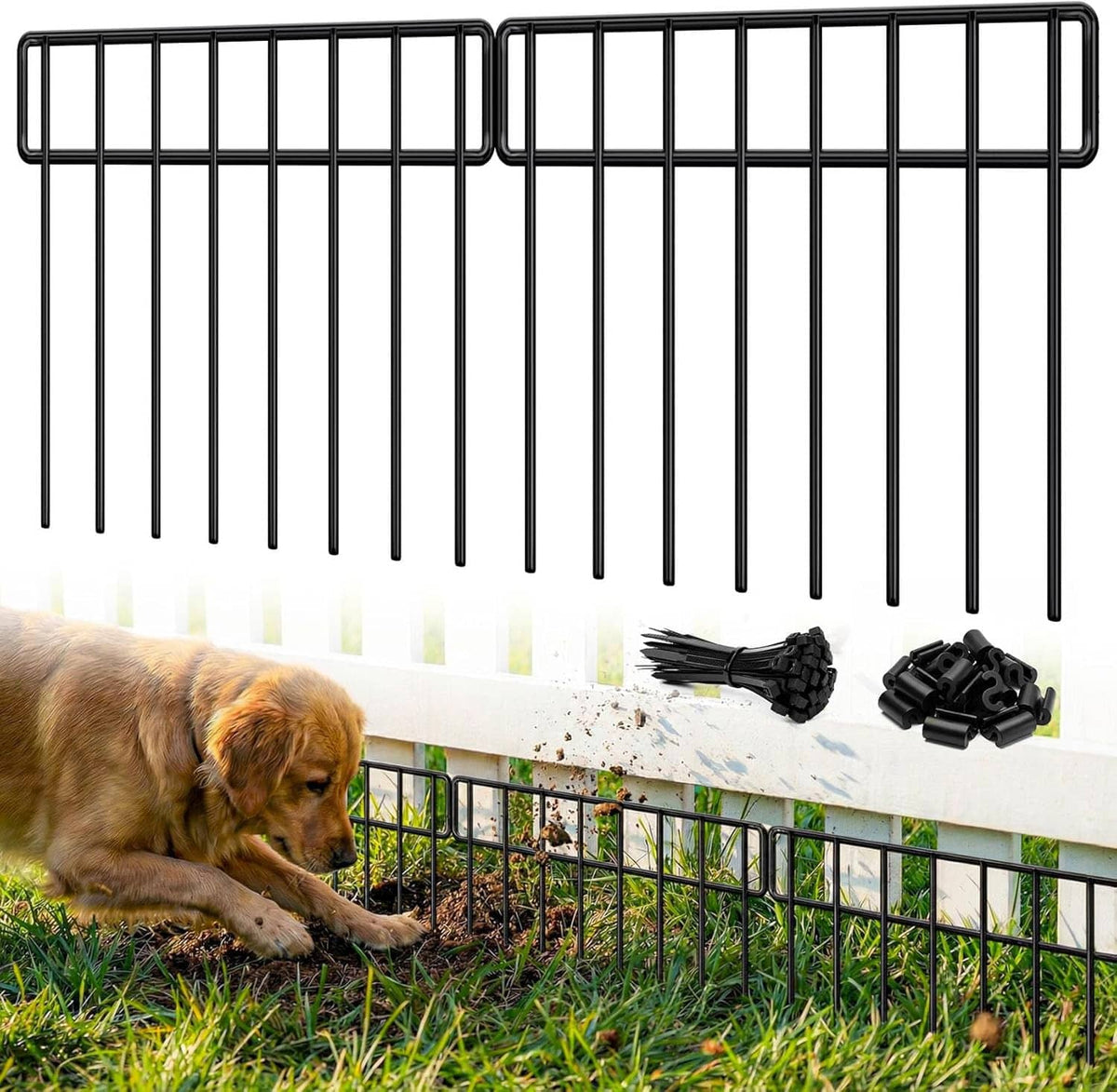 Black anti-dig fence barrier panels set with stakes and bundled cable ties