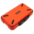 Orange floating fishing tackle box with black latches and carry slots, KEESHINE
