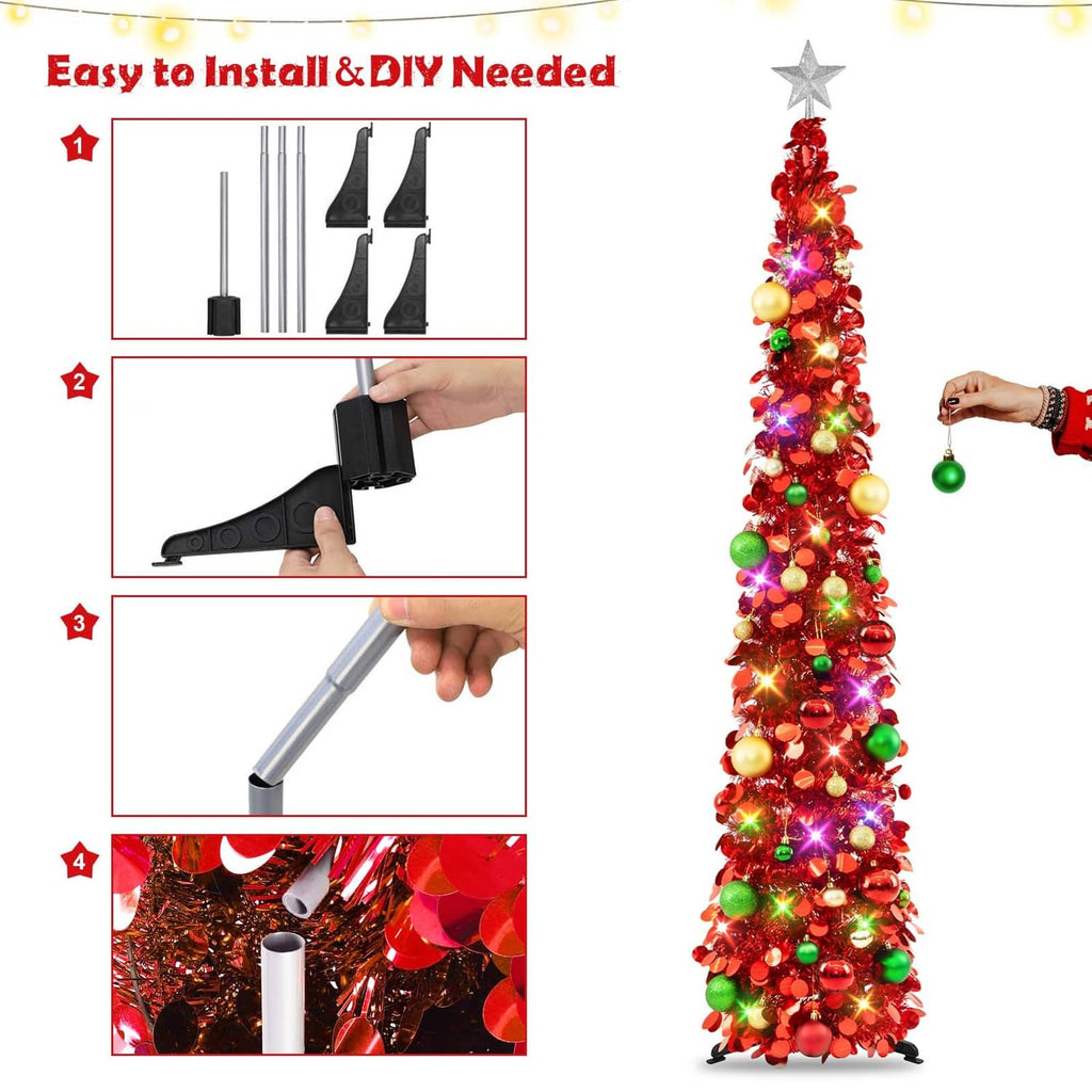 Red 6ft pop-up Christmas tree with colorful lights and ornaments, topped with a star.