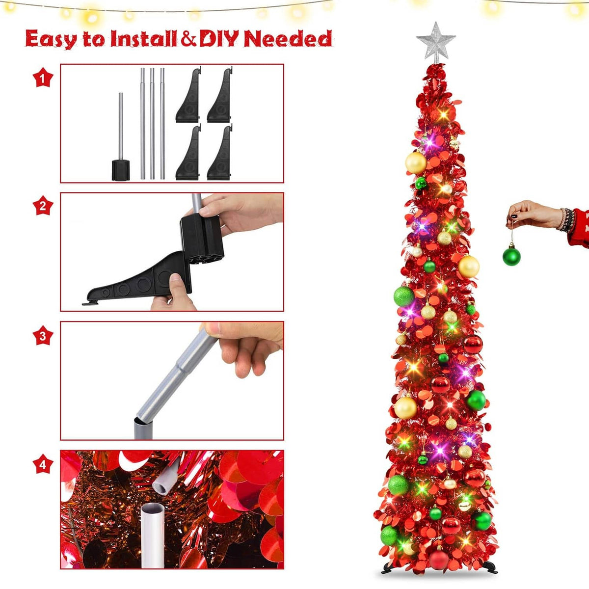 Red 6ft pop-up Christmas tree with colorful lights and ornaments, topped with a star.