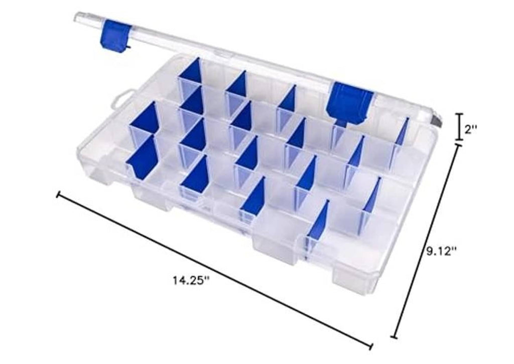 Fishing tackle box size diagram showing 14.25 in by 9.12 in footprint