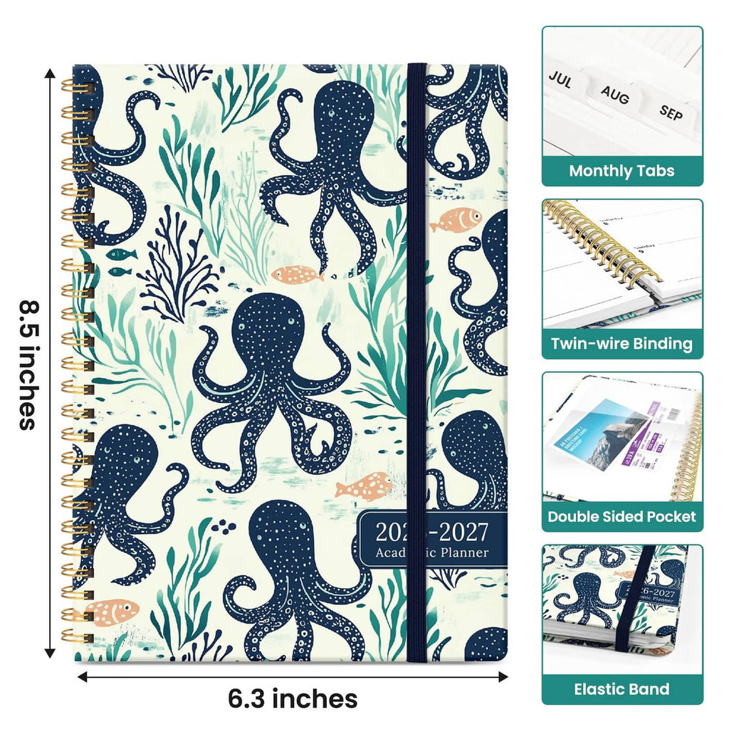 Octopus patterned spiral planner with elastic band and twin-wire binding, 6.3 in size
