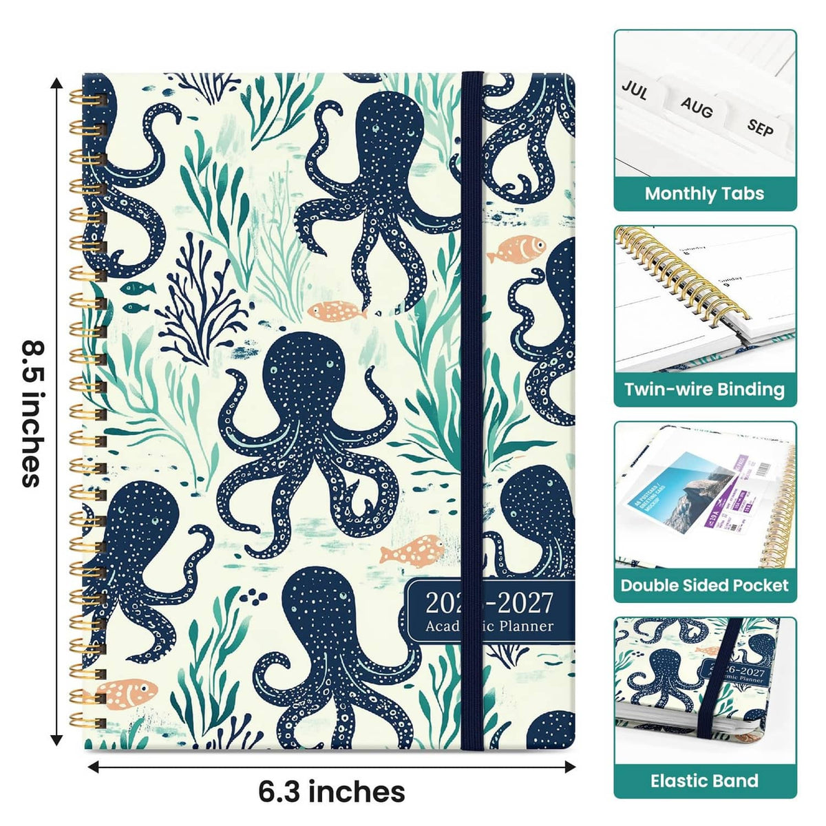 Octopus patterned spiral planner with elastic band and twin-wire binding, 6.3 in size
