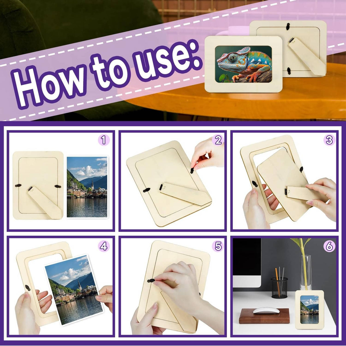 Light wood rectangular frame with snap-open back for inserting photos on the tabletop
