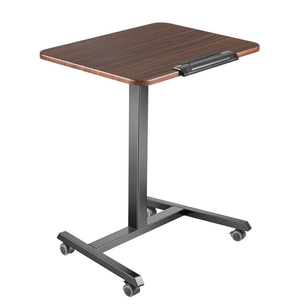 Adjustable height standing desk with dark wood tabletop, gray support column, and casters