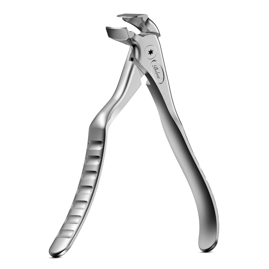 Silver long-handle toenail clipper with wide jaw and curved lever handles