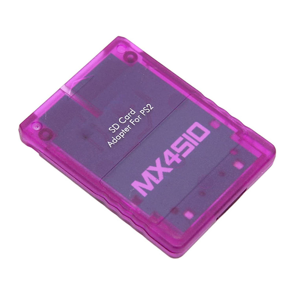 Purple translucent SD card adapter for PS2, tilted view showing MX4SIO logo on top.