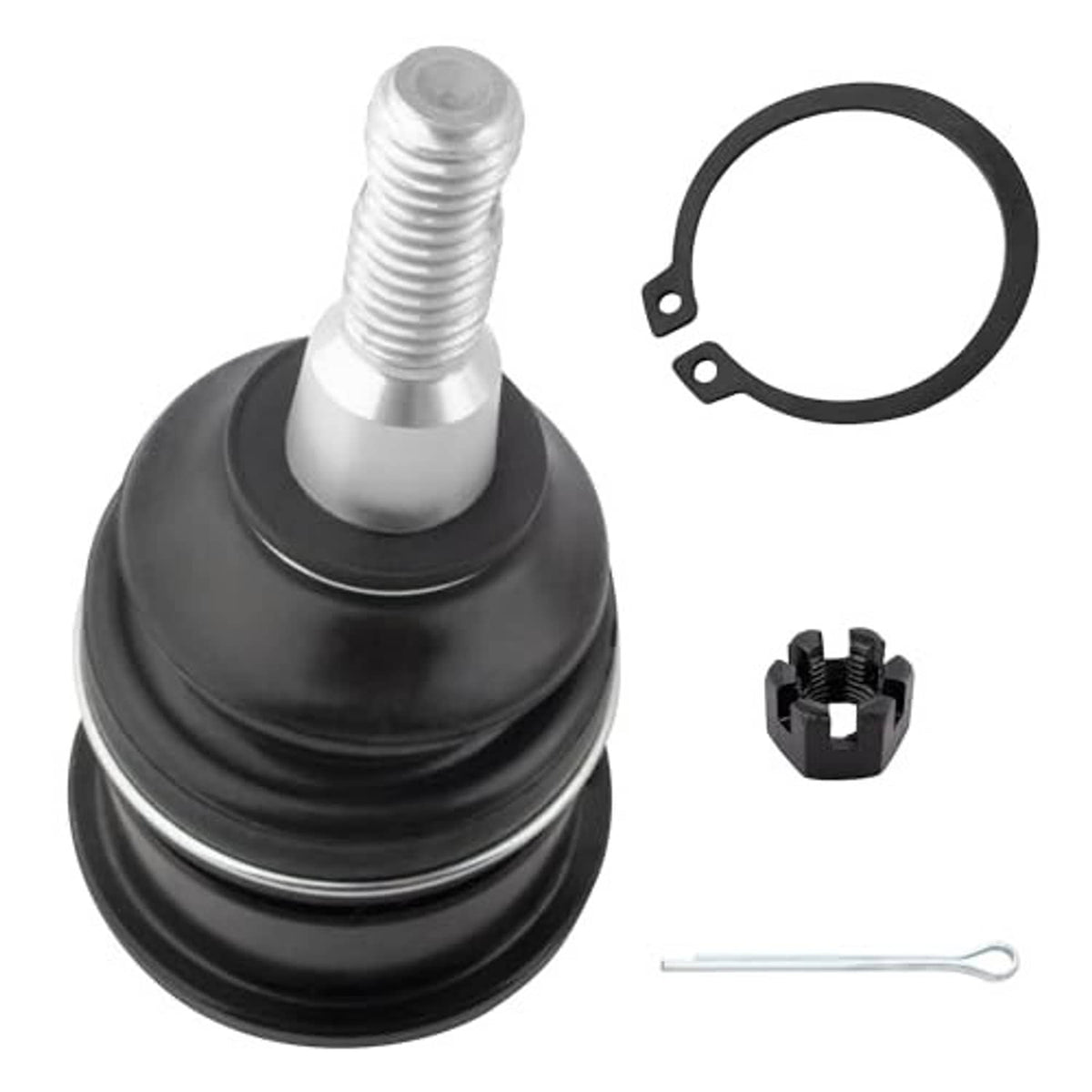 Single front ball joint with black boot, threaded stud, seal ring and clip