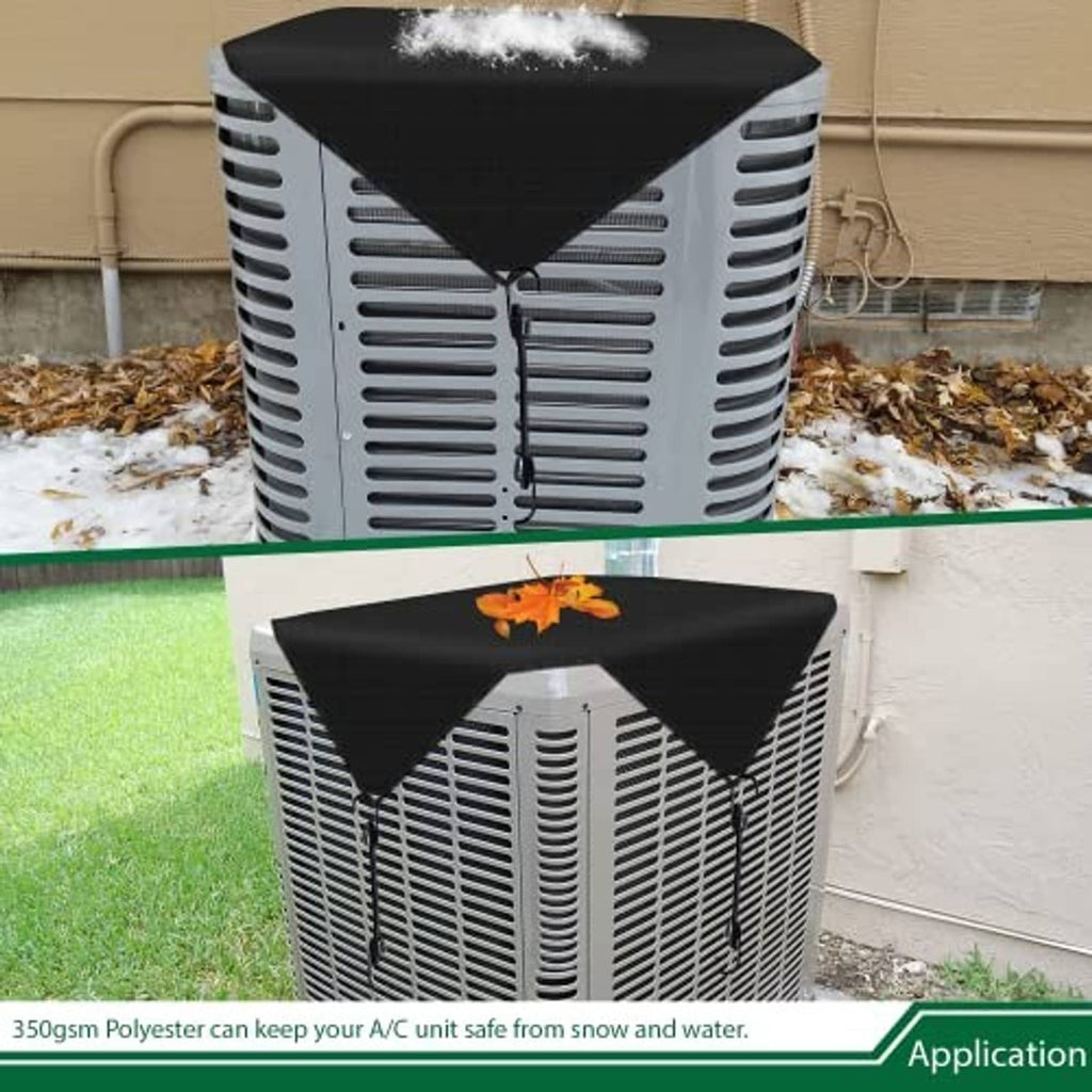 Waterproof AC unit cover fitted on an outdoor compressor, black top with bungee ties.