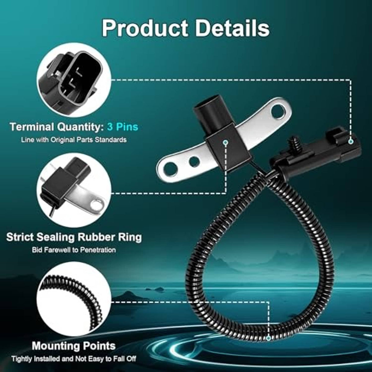 Crankshaft position sensor with 3-pin connector, rubber seal, and coiled cable